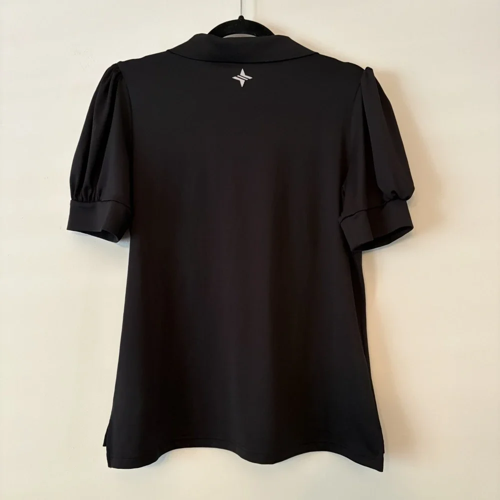 Tuckernuck Peggy Puff Sleeve Polo Top Black Size M River Bend Golf Club Fox Logo